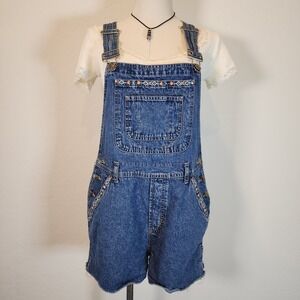 No Boundaries Denim Overalls Shorts Medium Blue‎ Embroidered Juniors